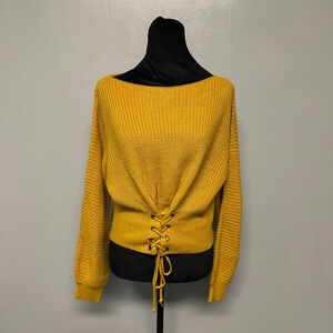 Women's BLUE BLUSH Yellow Crew Neck Sweater with Lace-Up Detail, Size Small